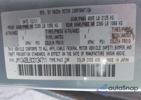 2012 Mazda Mazda5 Sport z USA, uszkodzony, nr VIN JM1CW2BL6C0134711